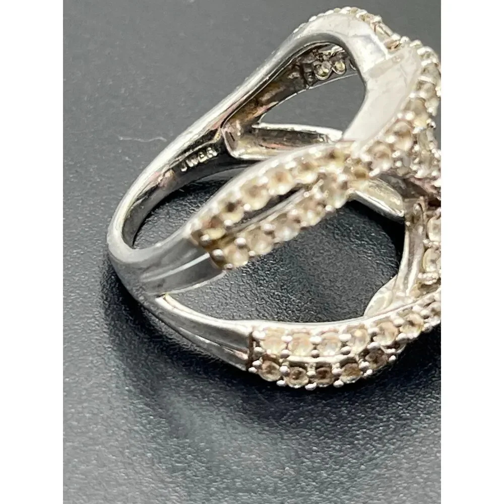 JWBR Sterling Silver White Sapphire Crossover Ring Sz‎ 7.25  Pave Setting 6.6g
